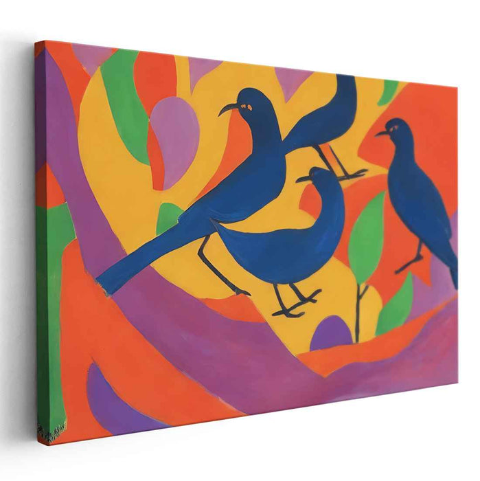 Cerulean Aviary Fusion: Modernist Blue Birds on Vibrant Abstract Canvas Art Print
