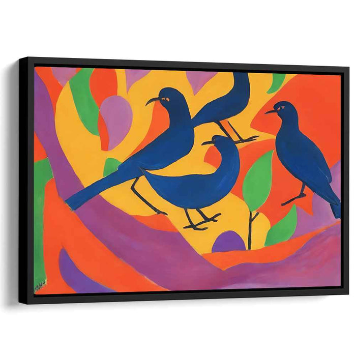 Cerulean Aviary Fusion: Modernist Blue Birds on Vibrant Abstract Canvas Art Print