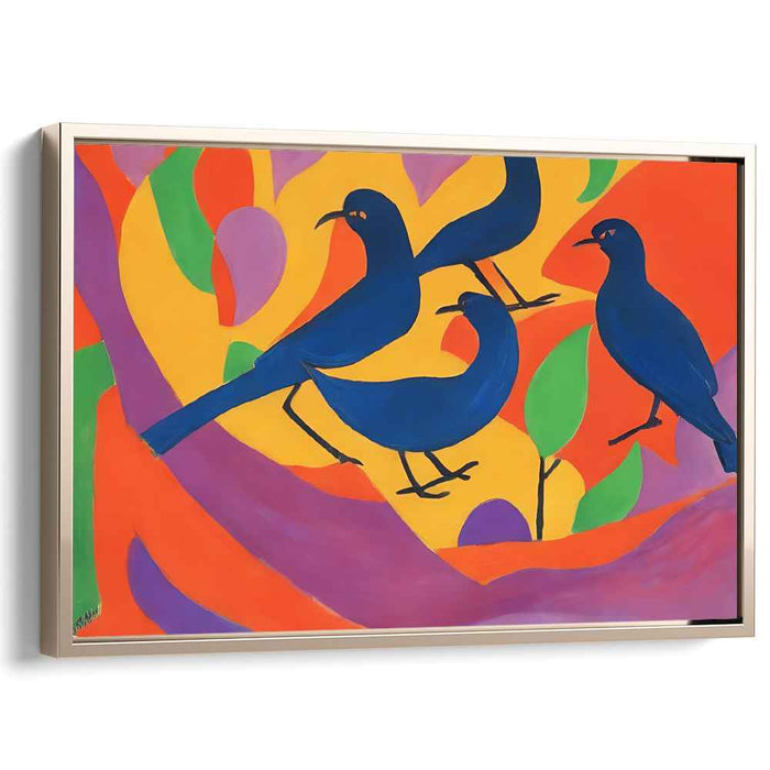 Cerulean Aviary Fusion: Modernist Blue Birds on Vibrant Abstract Canvas Art Print