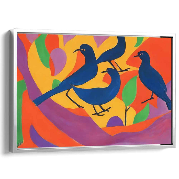 Cerulean Aviary Fusion: Modernist Blue Birds on Vibrant Abstract Canvas Art Print