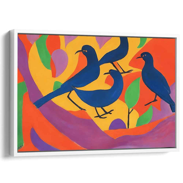 Cerulean Aviary Fusion: Modernist Blue Birds on Vibrant Abstract Canvas Art Print