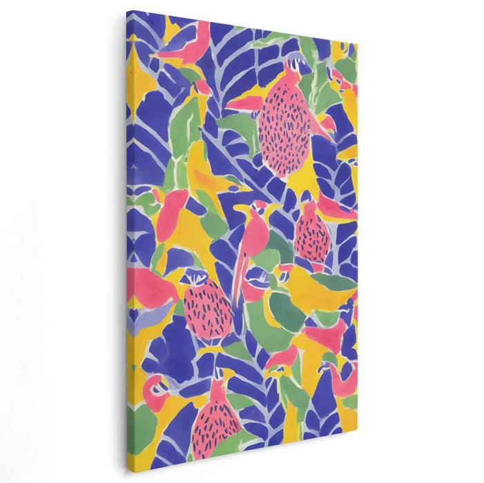 Feathered Garden Flight: Colorful Bird and Flora Canvas Art
