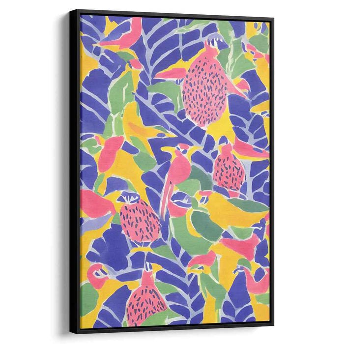 Feathered Garden Flight: Colorful Bird and Flora Canvas Art
