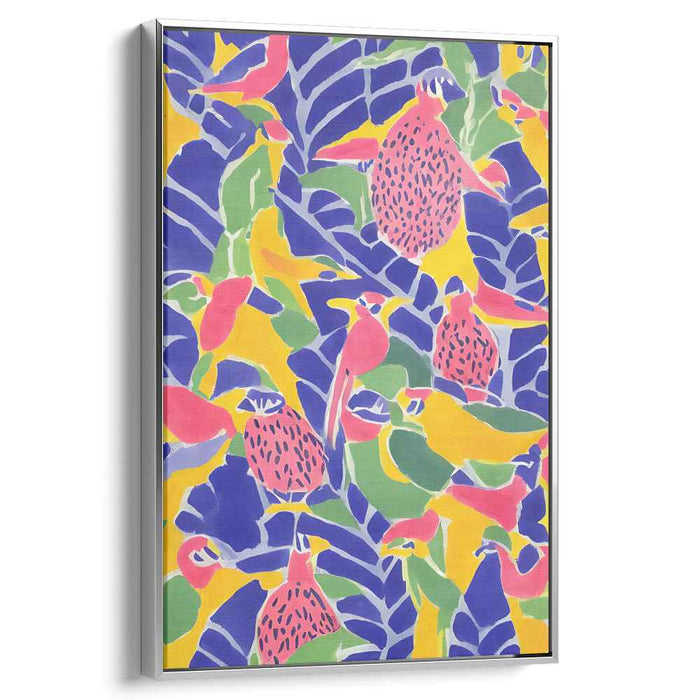 Feathered Garden Flight: Colorful Bird and Flora Canvas Art