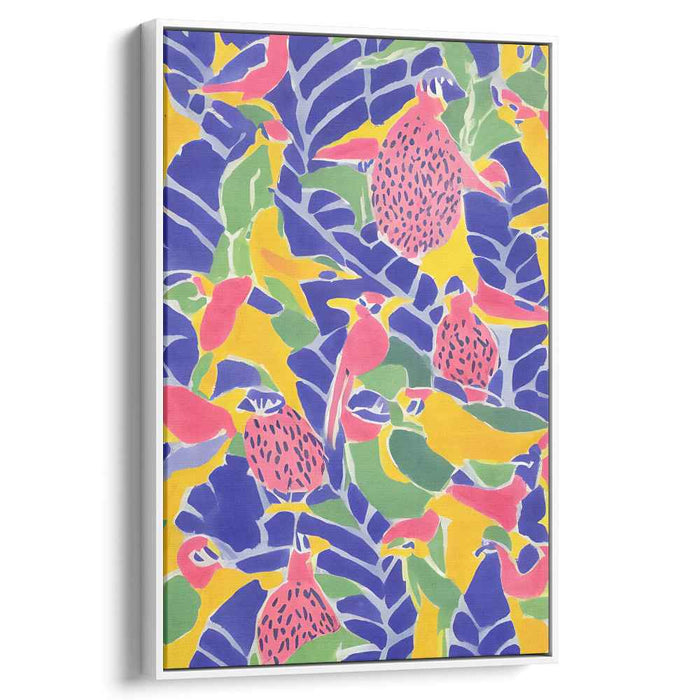Feathered Garden Flight: Colorful Bird and Flora Canvas Art