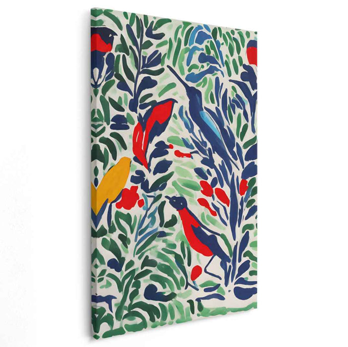 Verdant Winged Beauties: Vibrant Birds in Lush Foliage Canvas Art Print