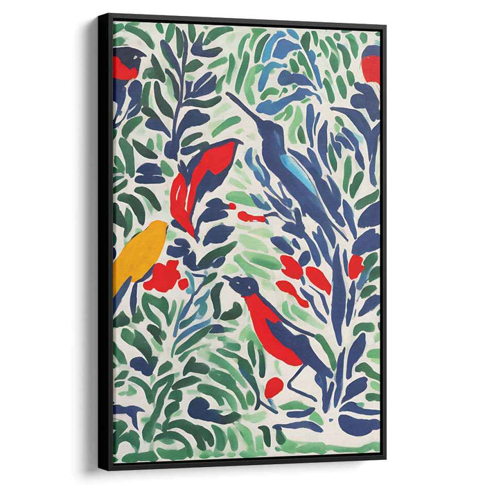 Verdant Winged Beauties: Vibrant Birds in Lush Foliage Canvas Art Print