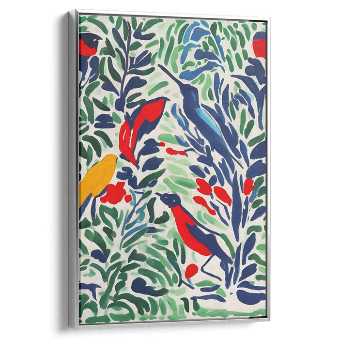 Verdant Winged Beauties: Vibrant Birds in Lush Foliage Canvas Art Print