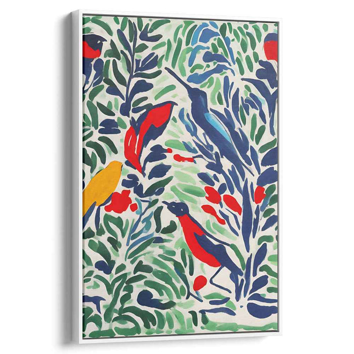 Verdant Winged Beauties: Vibrant Birds in Lush Foliage Canvas Art Print