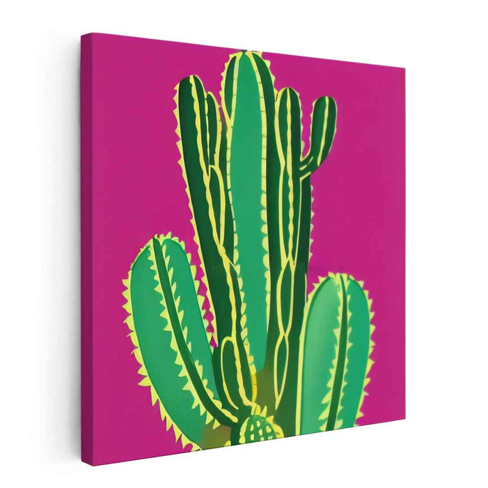 Luminous Cactus Charm: Vibrant Pink and Green Pop Art Canvas Print