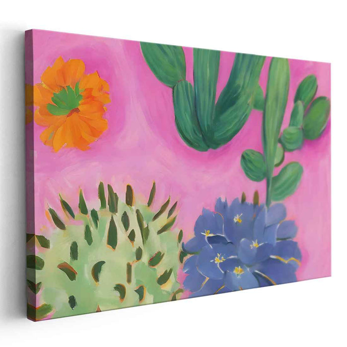 Bloom Oasis: Contemporary Cactus and Flower Canvas Art Print