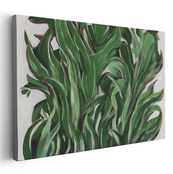 Emerald Whispered Leaves Dance: Abstract Botanical Green Canvas Art Print