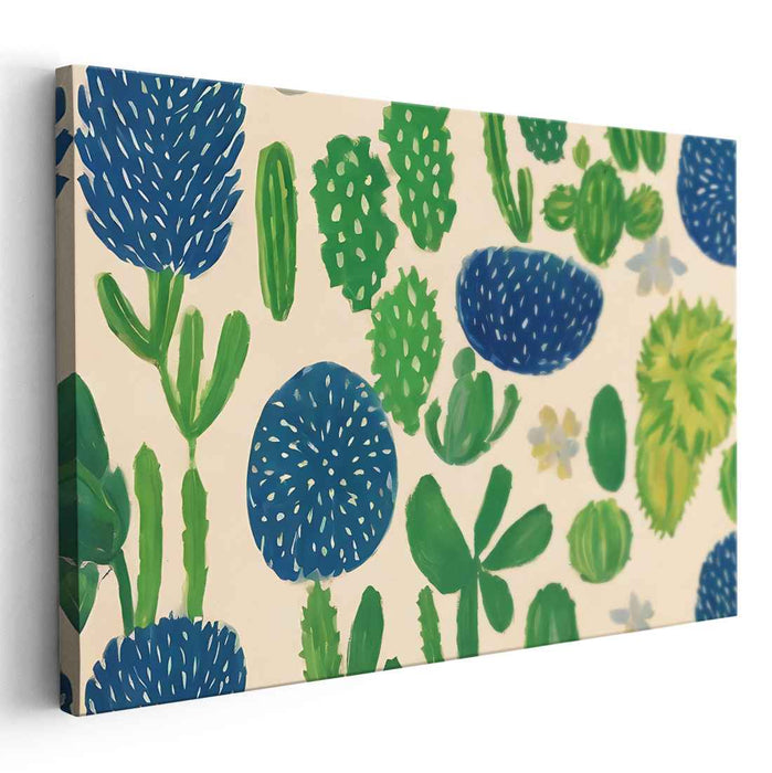 Whimsical Cacti Collection: Playful Green and Blue Botanical Canvas Art Print