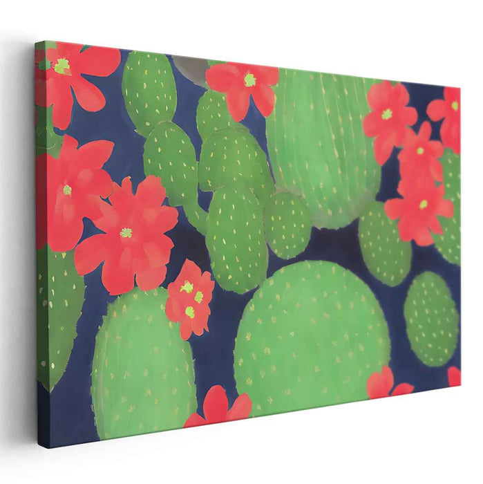Midnight Bloom: Modern Cactus with Radiant Flowers Canvas Art