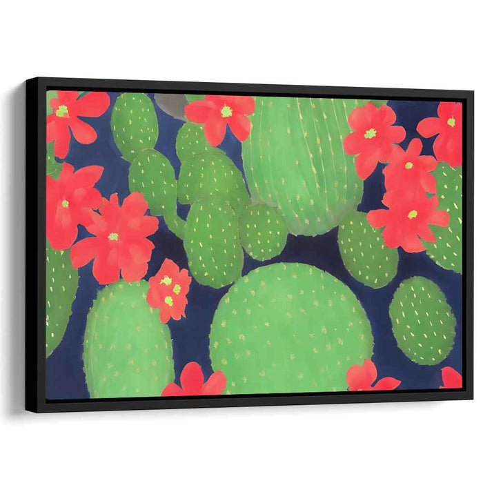 Midnight Bloom: Modern Cactus with Radiant Flowers Canvas Art