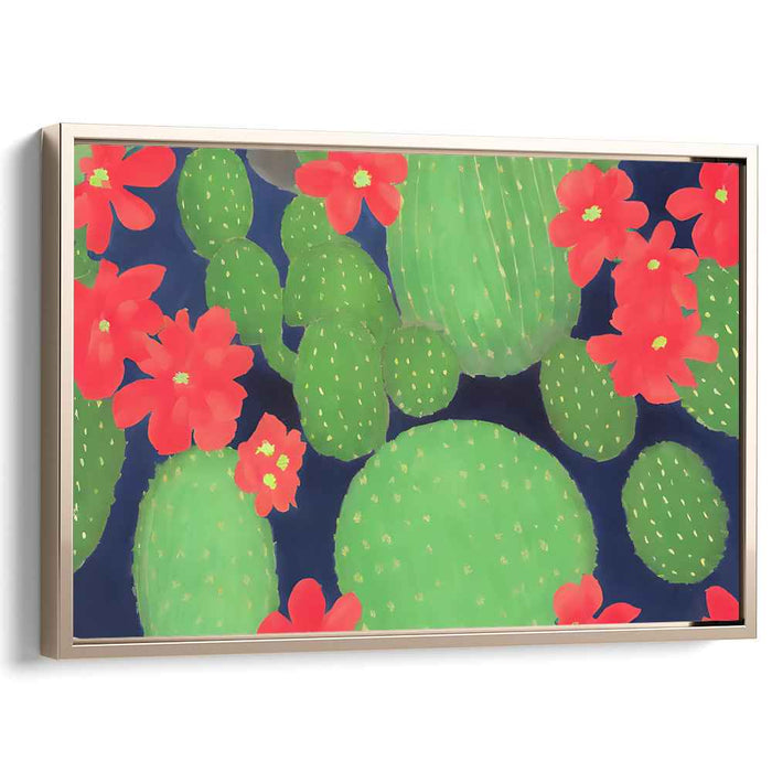 Midnight Bloom: Modern Cactus with Radiant Flowers Canvas Art