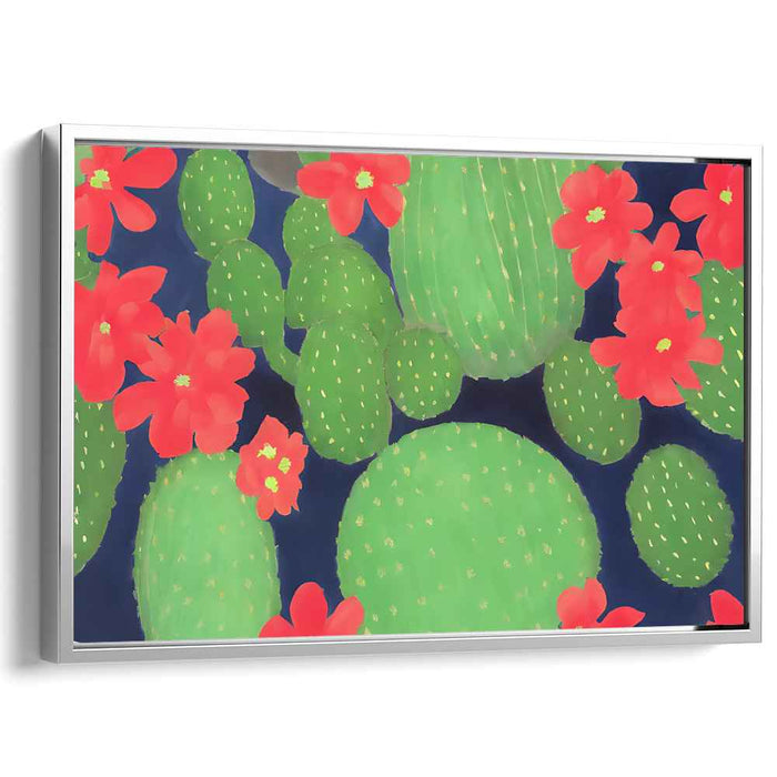 Midnight Bloom: Modern Cactus with Radiant Flowers Canvas Art