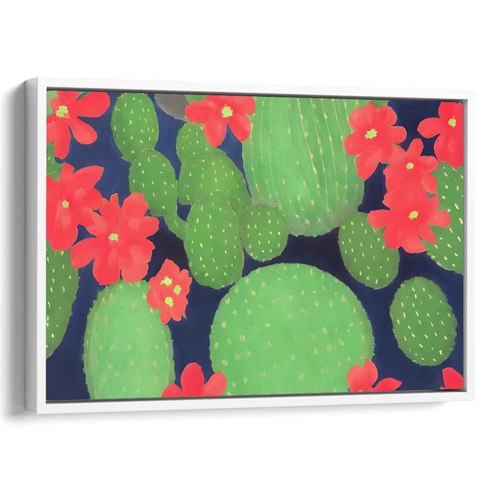 Midnight Bloom: Modern Cactus with Radiant Flowers Canvas Art