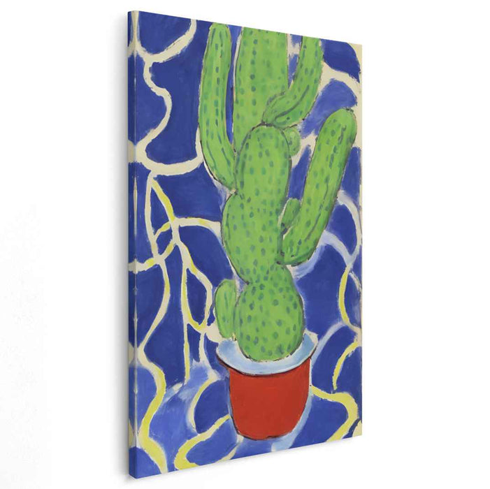 Vibrant Green Cactus: Dynamic Blue Background Canvas Art Print