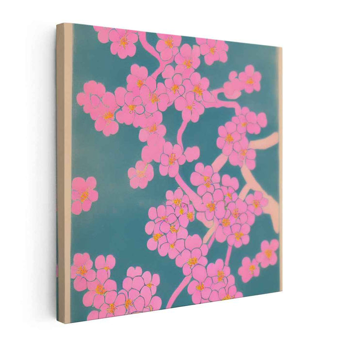 Whispering Petals Dance Gracefully: Cherry Blossoms on Teal Canvas Art Print
