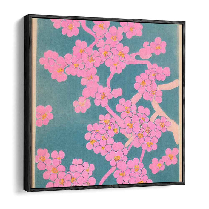 Whispering Petals Dance Gracefully: Cherry Blossoms on Teal Canvas Art Print