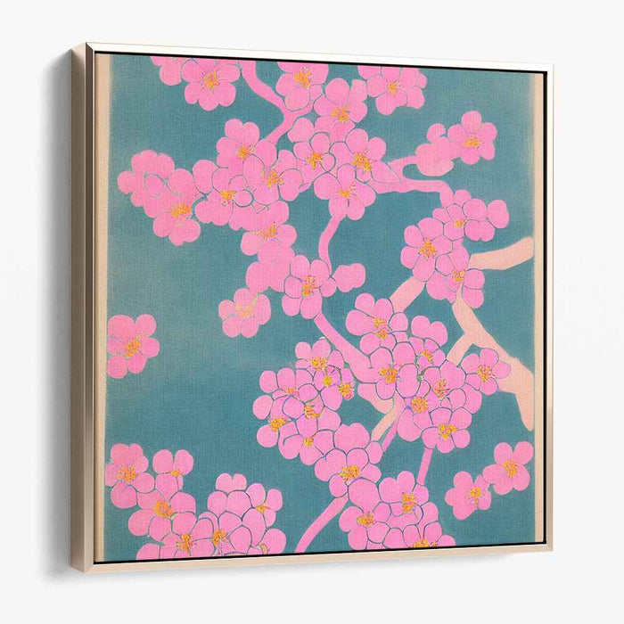 Whispering Petals Dance Gracefully: Cherry Blossoms on Teal Canvas Art Print