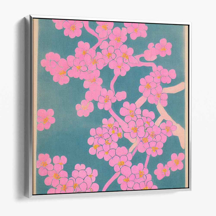 Whispering Petals Dance Gracefully: Cherry Blossoms on Teal Canvas Art Print