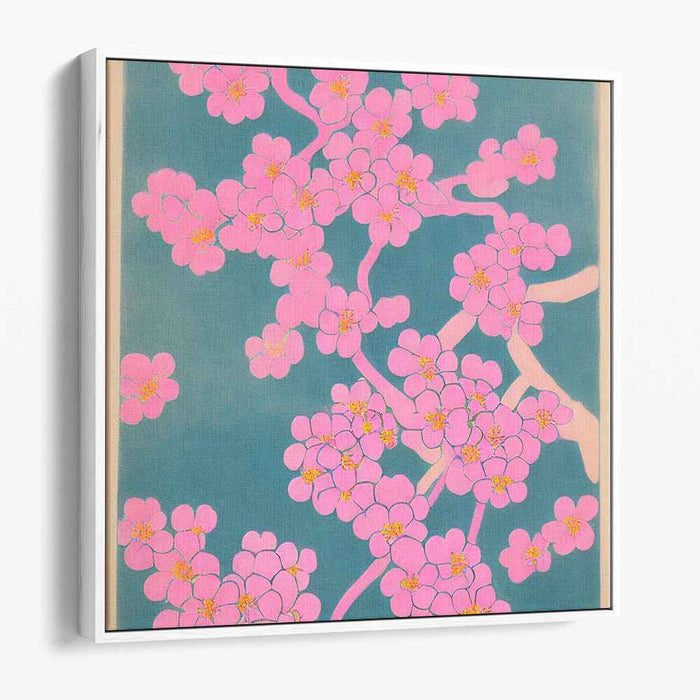 Whispering Petals Dance Gracefully: Cherry Blossoms on Teal Canvas Art Print