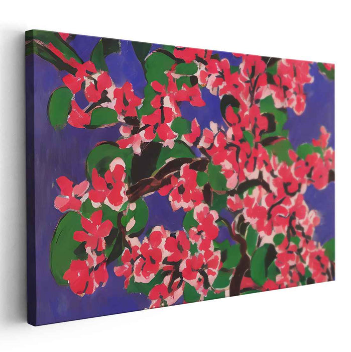 Indigo Petal Dance: Vibrant Cherry Blossoms on Deep Blue Canvas Art Print