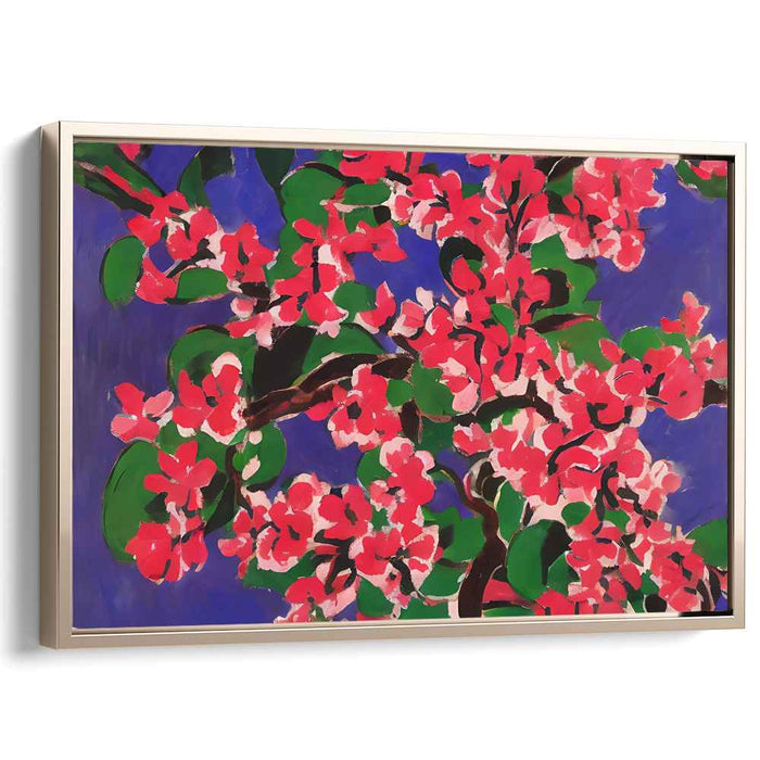 Indigo Petal Dance: Vibrant Cherry Blossoms on Deep Blue Canvas Art Print