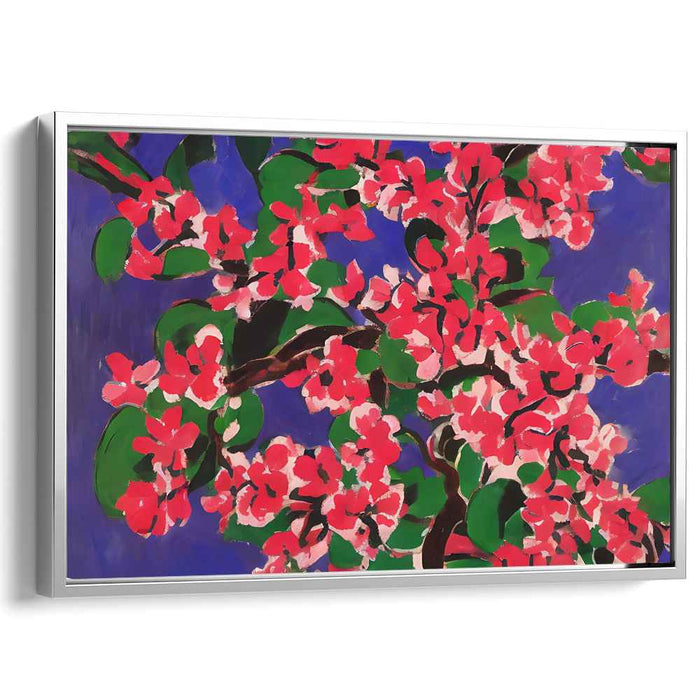 Indigo Petal Dance: Vibrant Cherry Blossoms on Deep Blue Canvas Art Print