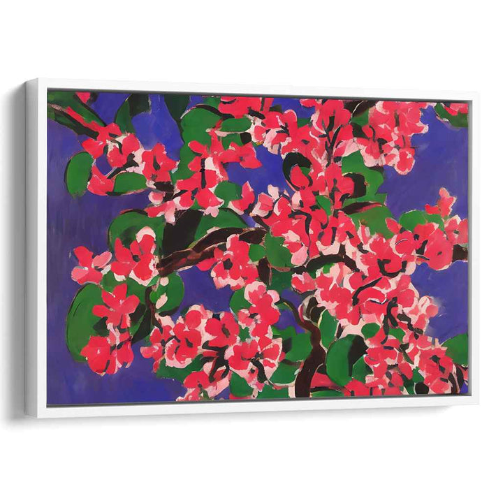 Indigo Petal Dance: Vibrant Cherry Blossoms on Deep Blue Canvas Art Print