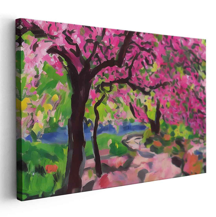 Whispering Petal Trails: Impressionist Pink Blossom Pathway Canvas Art