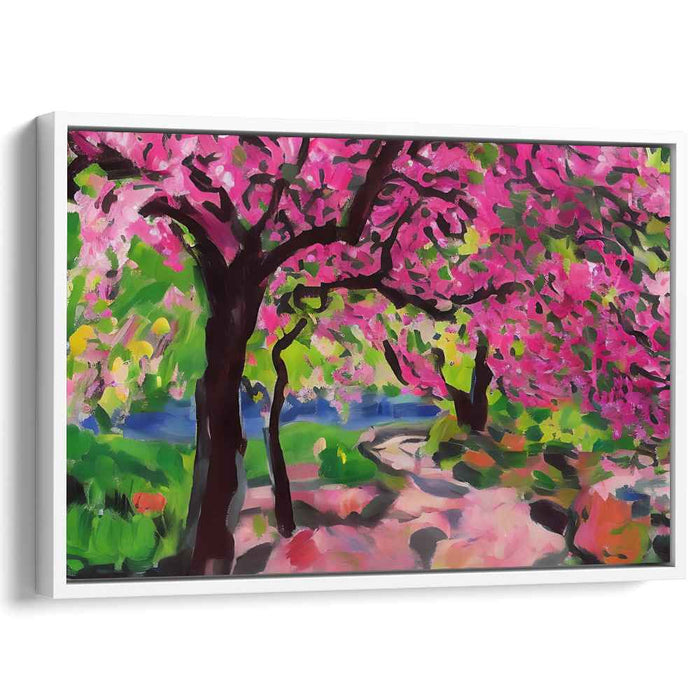 Whispering Petal Trails: Impressionist Pink Blossom Pathway Canvas Art