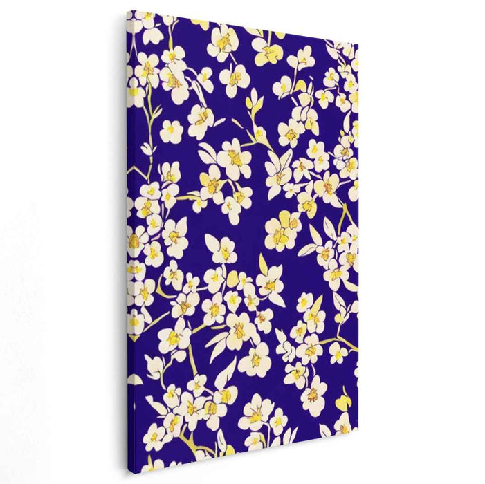 Midnight Blossom Dance: Modern Floral Illustration on Deep Blue Canvas