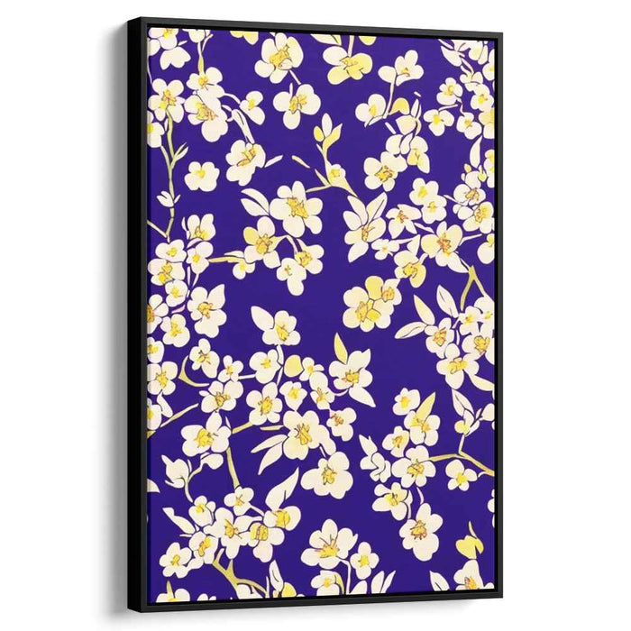 Midnight Blossom Dance: Modern Floral Illustration on Deep Blue Canvas