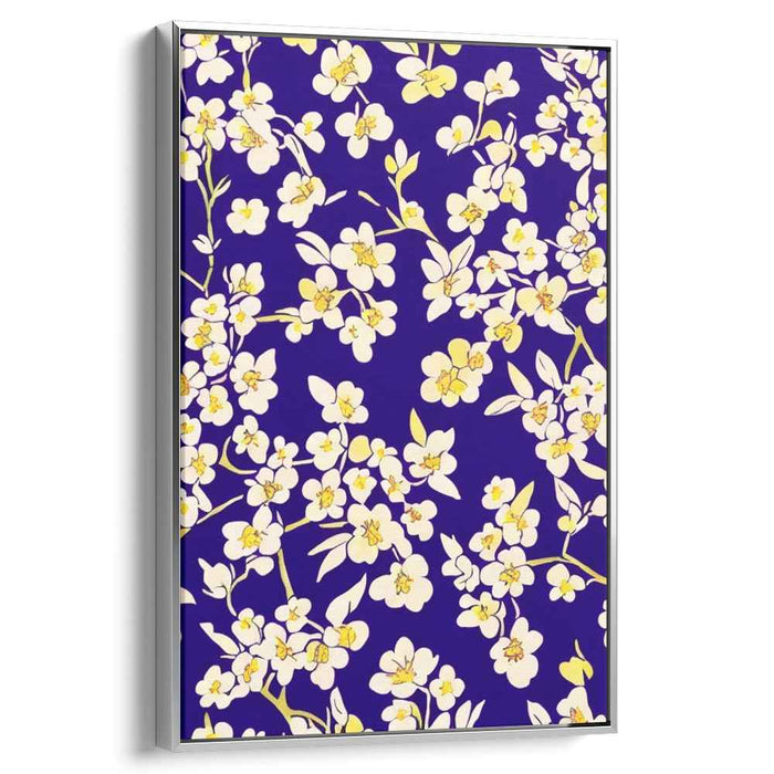 Midnight Blossom Dance: Modern Floral Illustration on Deep Blue Canvas