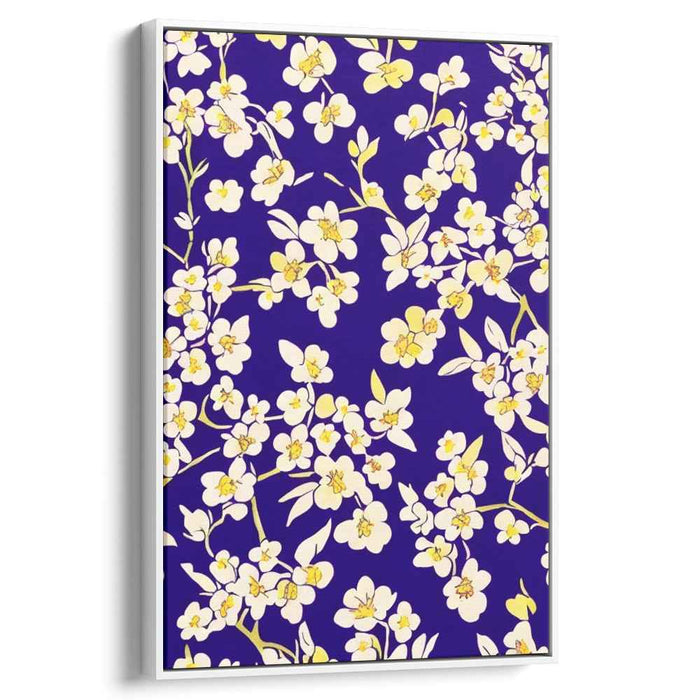 Midnight Blossom Dance: Modern Floral Illustration on Deep Blue Canvas