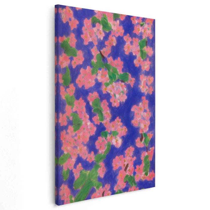 Blossoms Dance in Midnight Sky: Vibrant Pink Flowers on Royal Blue Canvas Art Print