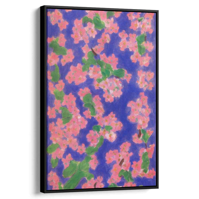 Blossoms Dance in Midnight Sky: Vibrant Pink Flowers on Royal Blue Canvas Art Print