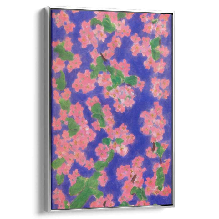 Blossoms Dance in Midnight Sky: Vibrant Pink Flowers on Royal Blue Canvas Art Print