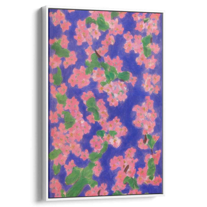 Blossoms Dance in Midnight Sky: Vibrant Pink Flowers on Royal Blue Canvas Art Print