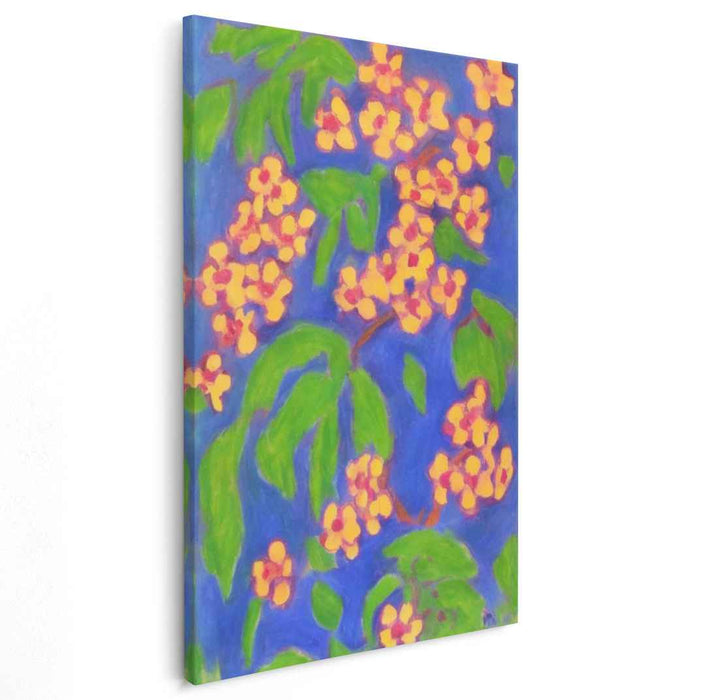 Electric Citrus Symphony: Vibrant Orange Blossoms on Blue Canvas Art Print
