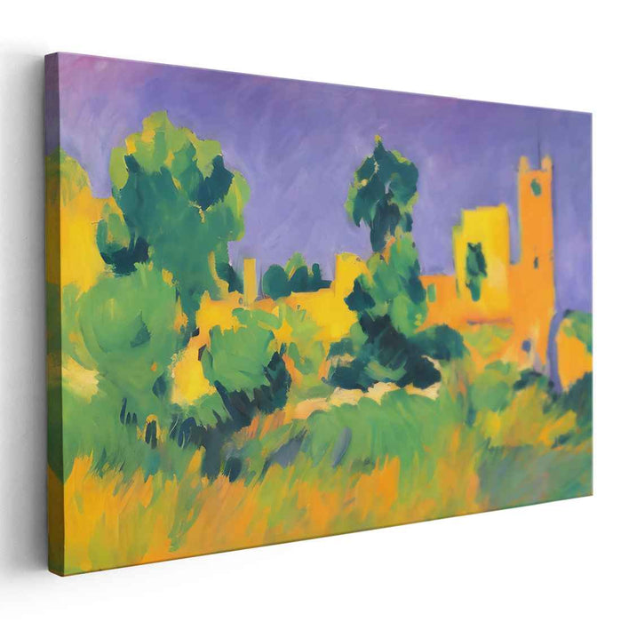 Golden Hour at the Castle: Vibrant Fauvist-Inspired Landscape Canvas Art