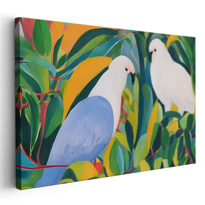 Feathered Garden Visitors: Realistic White Cockatoos Among Lush Foliage Canvas Art