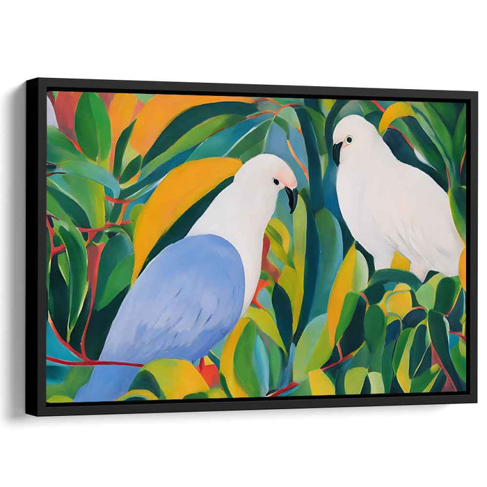Feathered Garden Visitors: Realistic White Cockatoos Among Lush Foliage Canvas Art