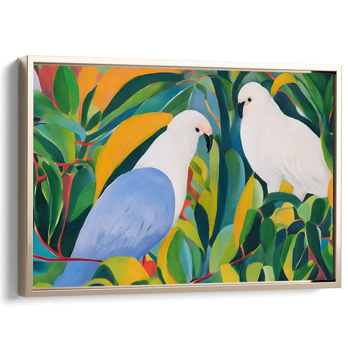 Feathered Garden Visitors: Realistic White Cockatoos Among Lush Foliage Canvas Art