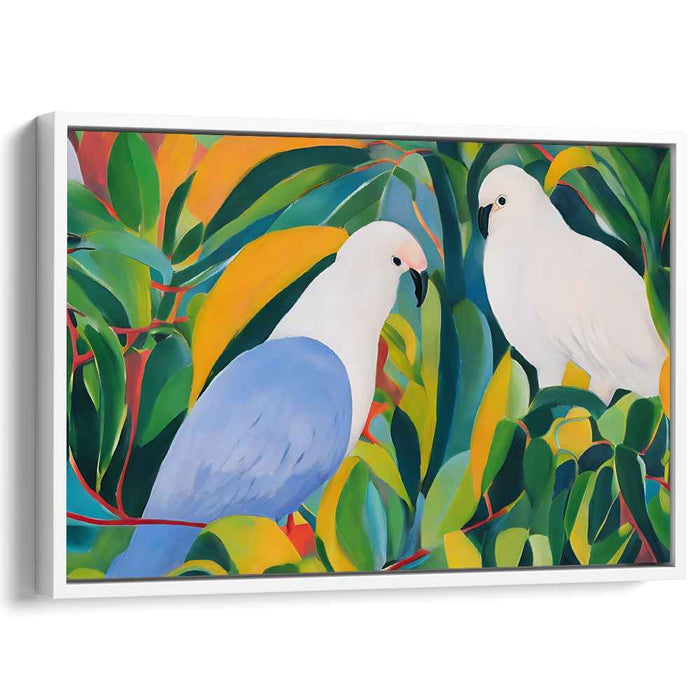Feathered Garden Visitors: Realistic White Cockatoos Among Lush Foliage Canvas Art