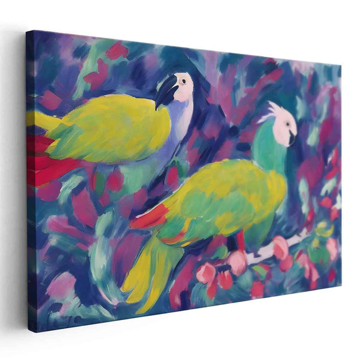 Emerald Songbirds: Vibrant Parrot Duo in Lush Foliage Canvas Art