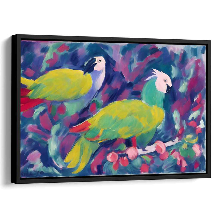 Emerald Songbirds: Vibrant Parrot Duo in Lush Foliage Canvas Art
